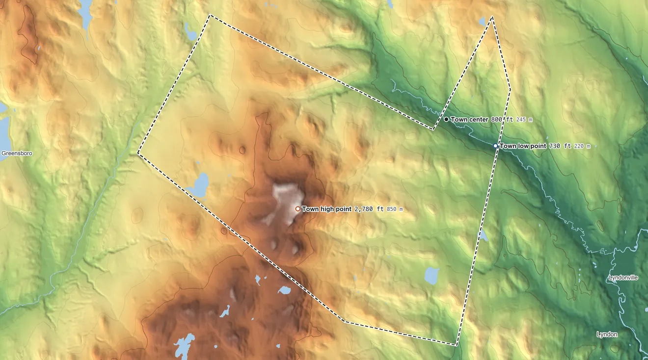 Topographic elevation map of Wheelock, Vermont, shaded from 730 ft on the southeast side to 2,783 ft on Wheelock Mountain