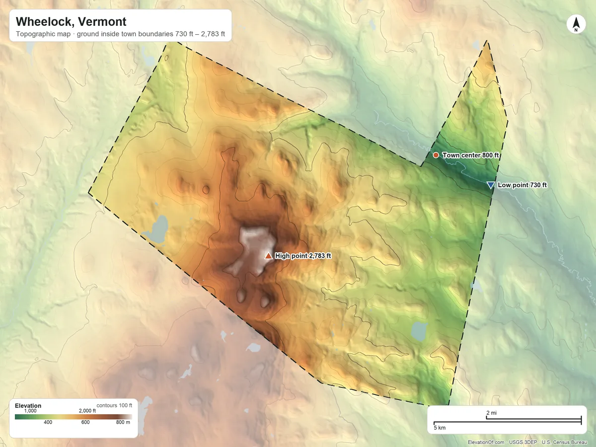 Topographic elevation map of Wheelock, Vermont, shaded from 730 ft on the southeast side to 2,783 ft on Wheelock Mountain