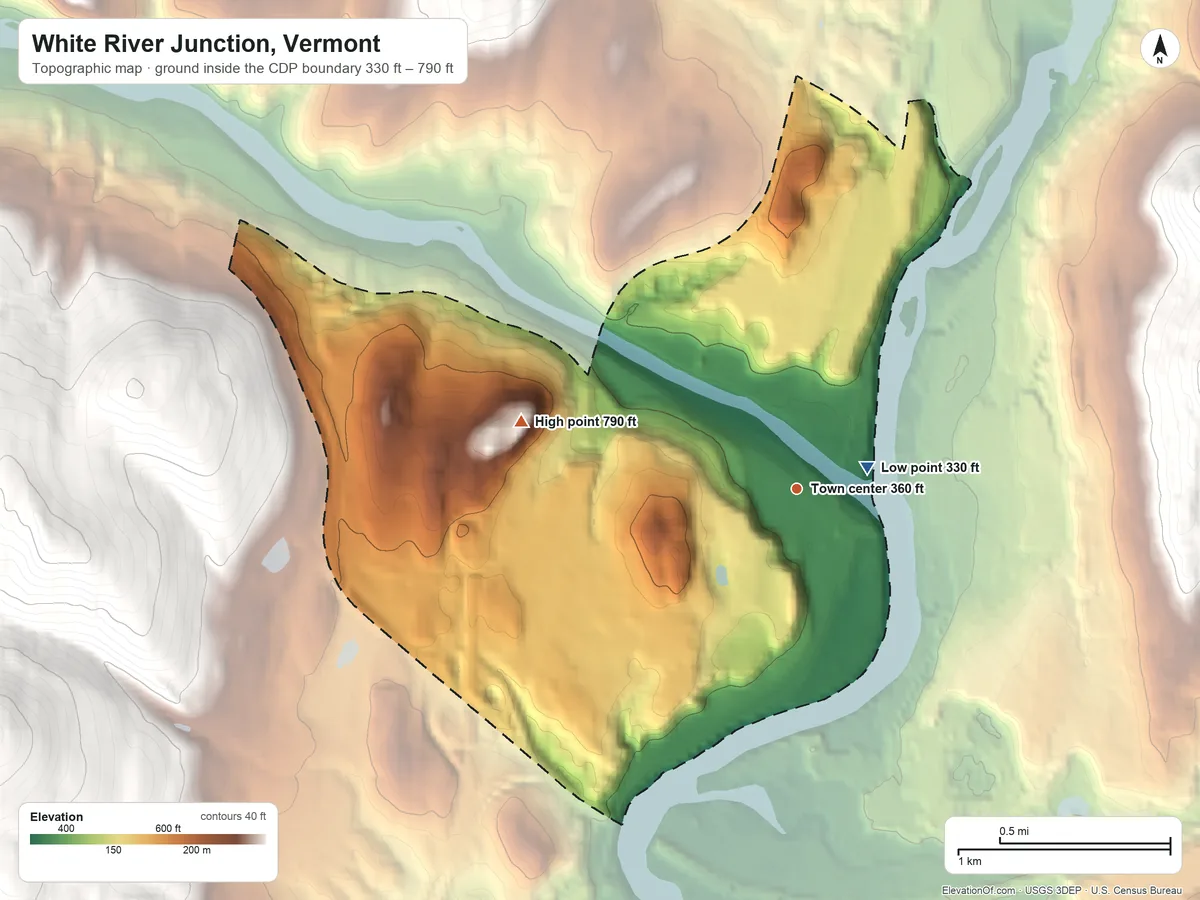 Topographic elevation map of White River Junction, Vermont, shaded from 330 ft near the middle to 790 ft on the west edge, below higher ground just outside
