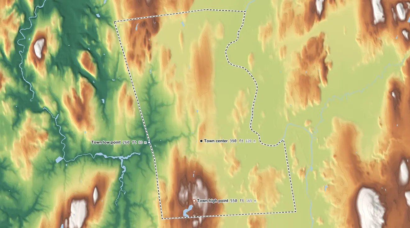 Topographic elevation map of Whiting, Vermont, shaded from 260 ft on the west side to 550 ft on the south side