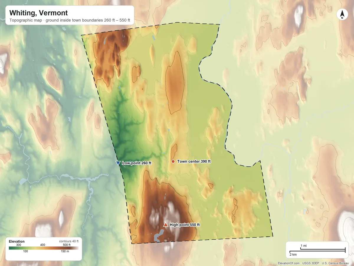 Topographic elevation map of Whiting, Vermont, shaded from 260 ft on the west side to 550 ft on the south side
