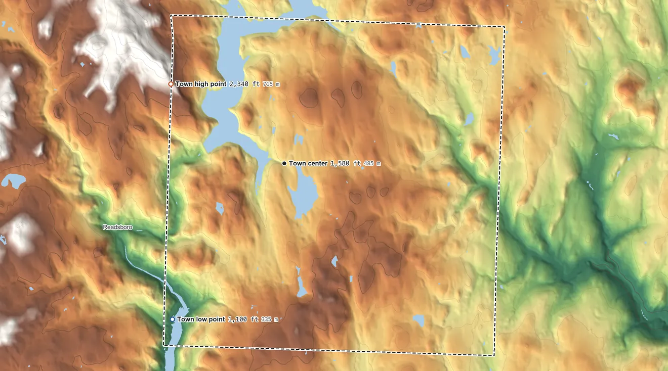 Topographic elevation map of Whitingham, Vermont, shaded from 1,100 ft on the southwest side to 2,340 ft on the northwest edge, below higher ground just outside