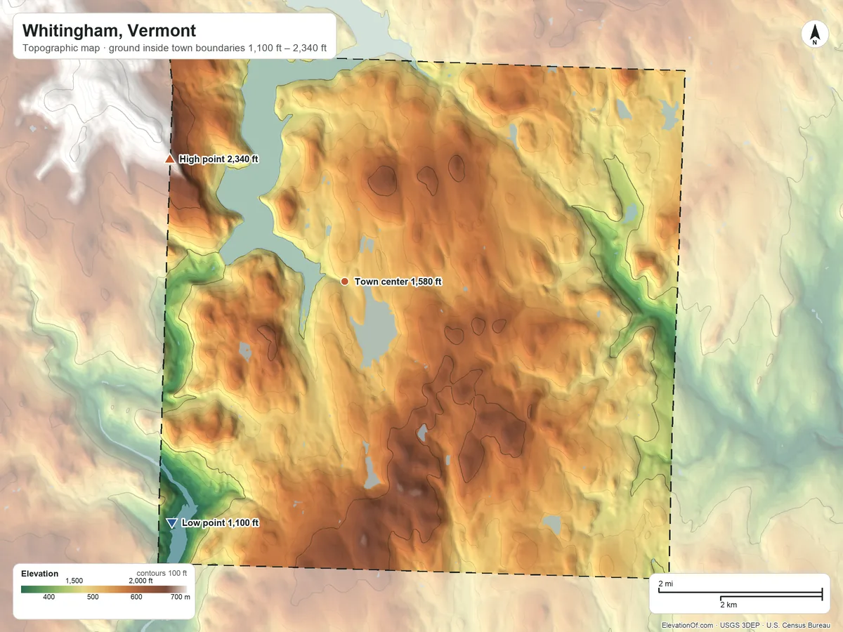 Topographic elevation map of Whitingham, Vermont, shaded from 1,100 ft on the southwest side to 2,340 ft on the northwest edge, below higher ground just outside