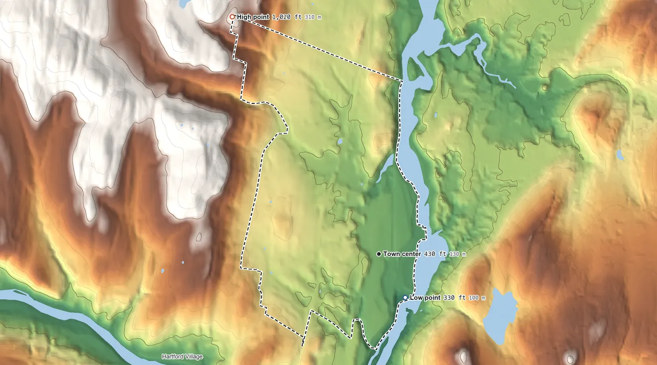 Topographic elevation map of Wilder, Vermont, shaded from 330 ft on the southeast side to 1,020 ft on the northwest edge, below higher ground just outside