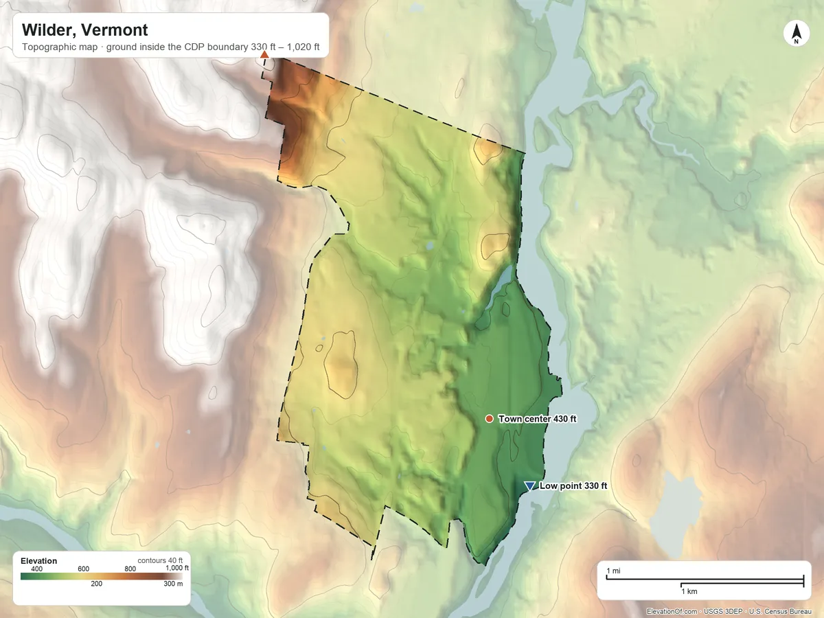 Topographic elevation map of Wilder, Vermont, shaded from 330 ft on the southeast side to 1,020 ft on the northwest edge, below higher ground just outside
