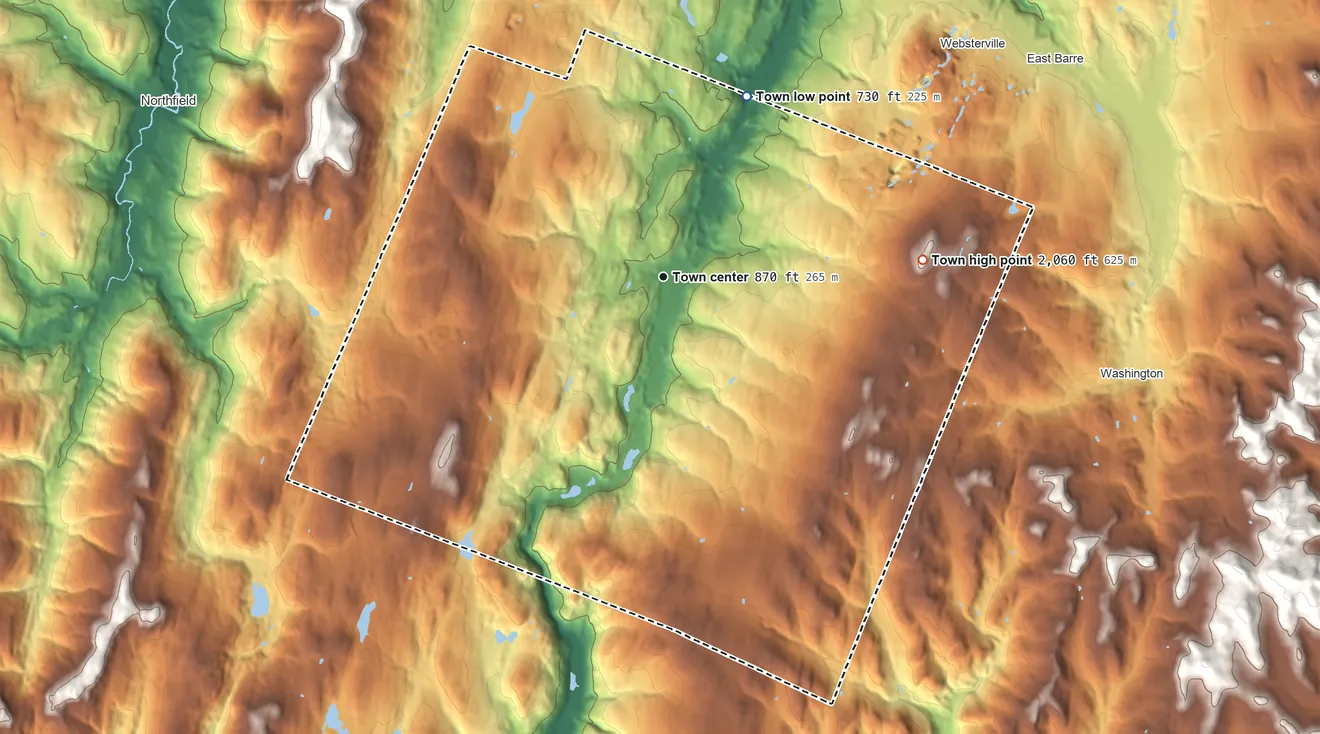 Topographic elevation map of Williamstown, Vermont, shaded from 730 ft on the northeast side to 2,056 ft on Mount Pleasant