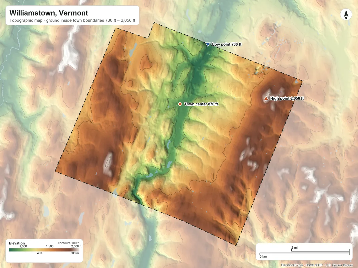Topographic elevation map of Williamstown, Vermont, shaded from 730 ft on the northeast side to 2,056 ft on Mount Pleasant