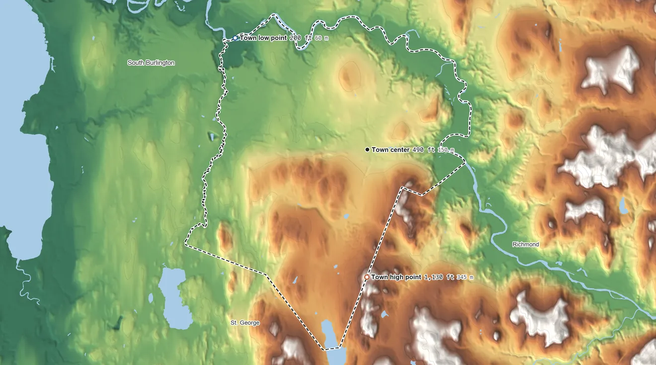 Topographic elevation map of Williston, Vermont, shaded from 200 ft on the northwest side to 1,130 ft on the south side