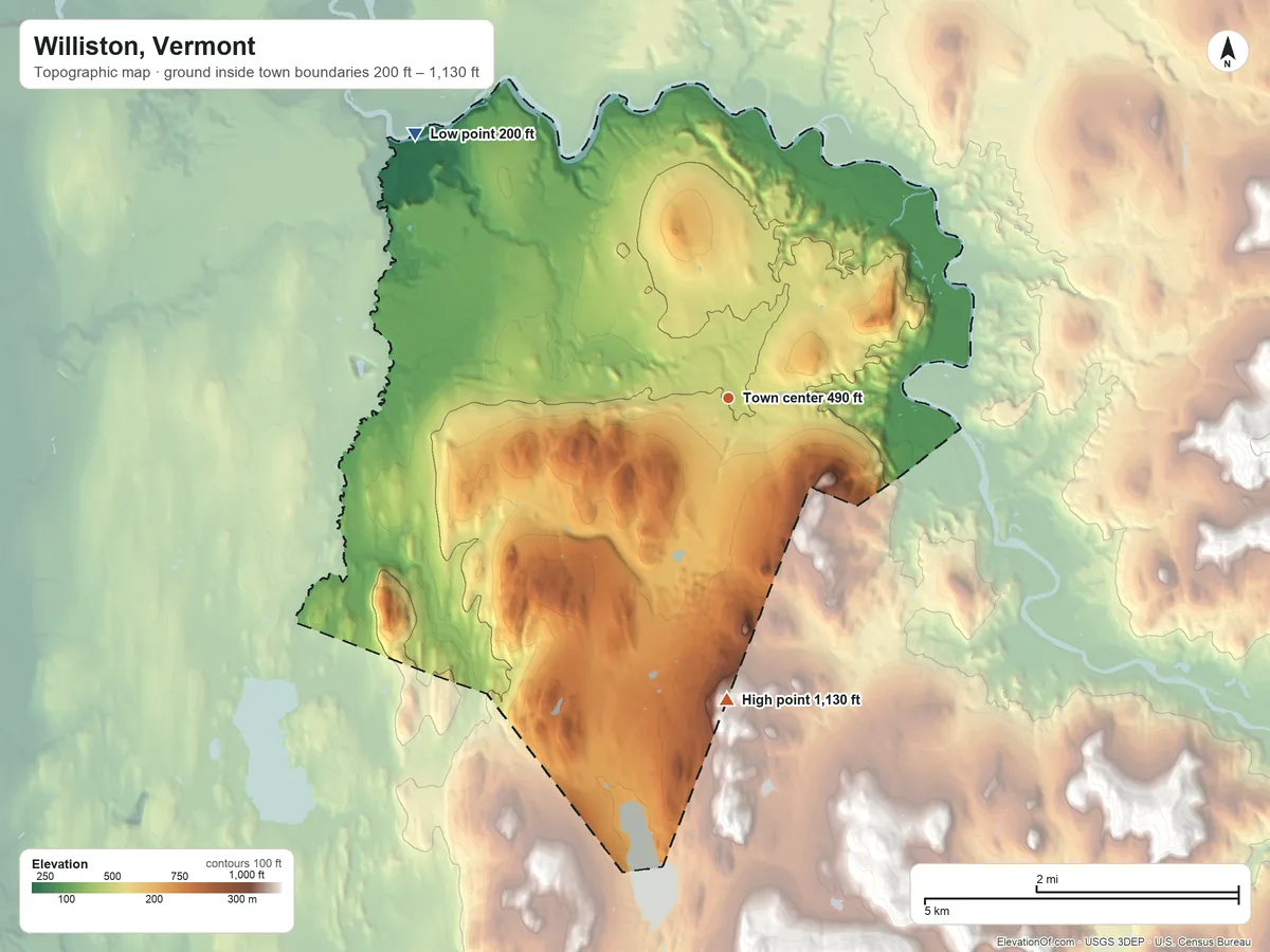 Topographic elevation map of Williston, Vermont, shaded from 200 ft on the northwest side to 1,130 ft on the south side