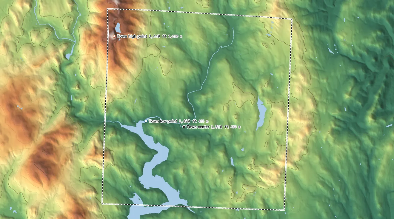 Topographic elevation map of Wilmington, Vermont, shaded from 1,490 ft on the west side to 3,440 ft on Haystack Mountain