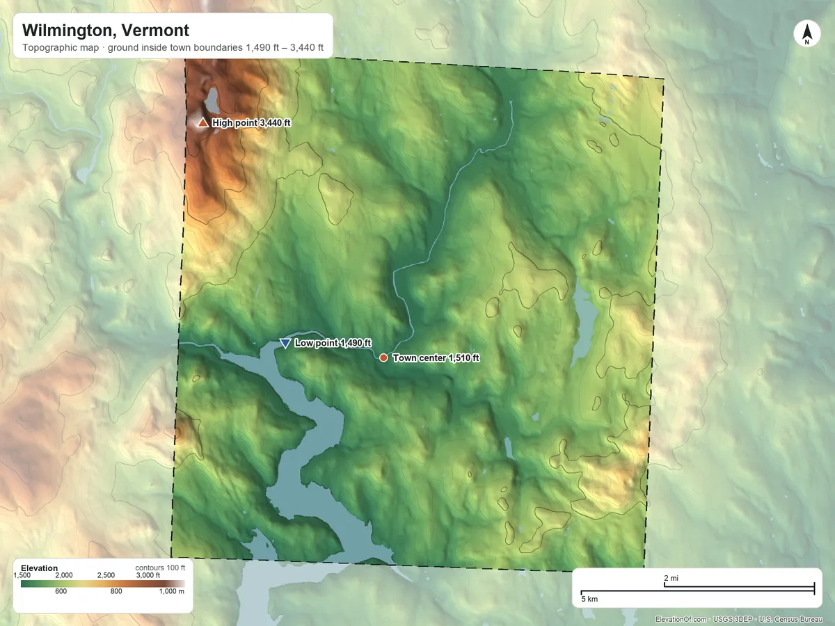 Topographic elevation map of Wilmington, Vermont, shaded from 1,490 ft on the west side to 3,440 ft on Haystack Mountain