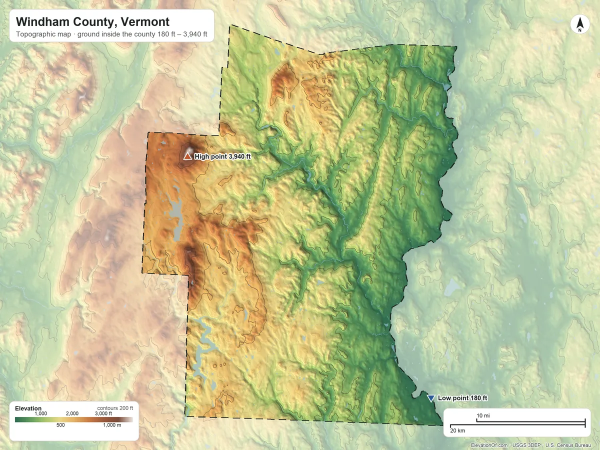 Topographic elevation map of Windham County, Vermont, shaded from 180 ft on the southeast side to 3,940 ft on Stratton Mountain