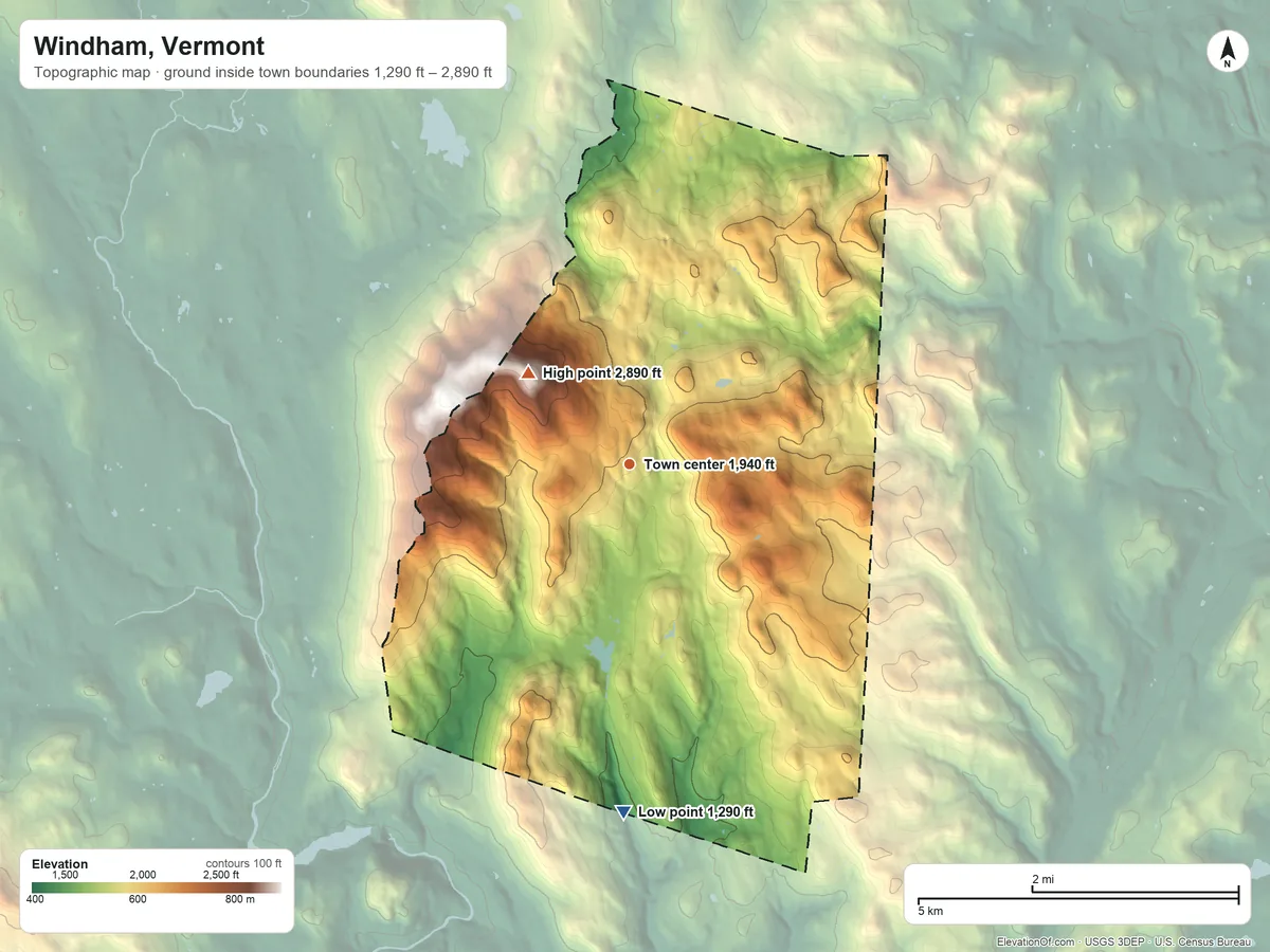 Topographic elevation map of Windham, Vermont, shaded from 1,290 ft on the south side to 2,890 ft on the northwest side