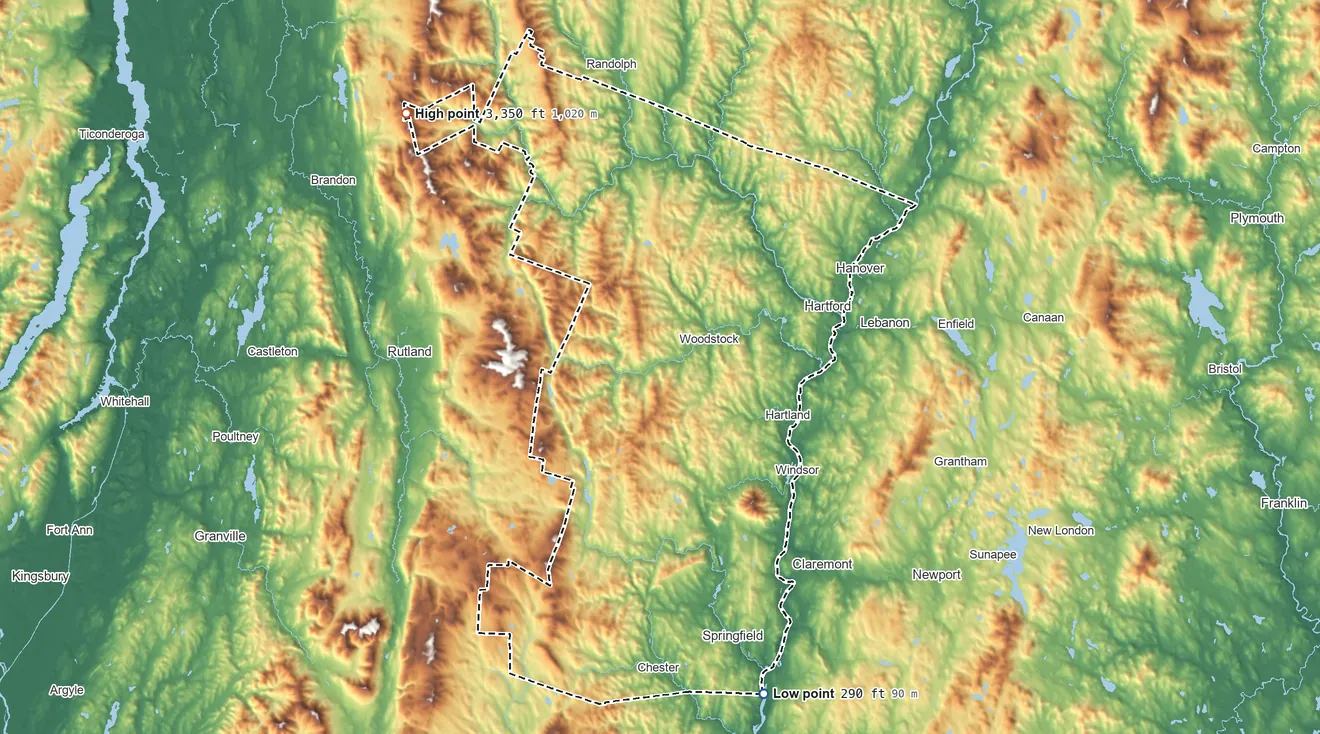 Topographic elevation map of Windsor County, Vermont, shaded from 290 ft on the south side to 3,350 ft on Gillespie Peak