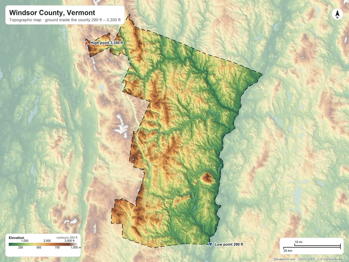 Topographic elevation map of Windsor County, Vermont, shaded from 290 ft on the south side to 3,350 ft on Gillespie Peak