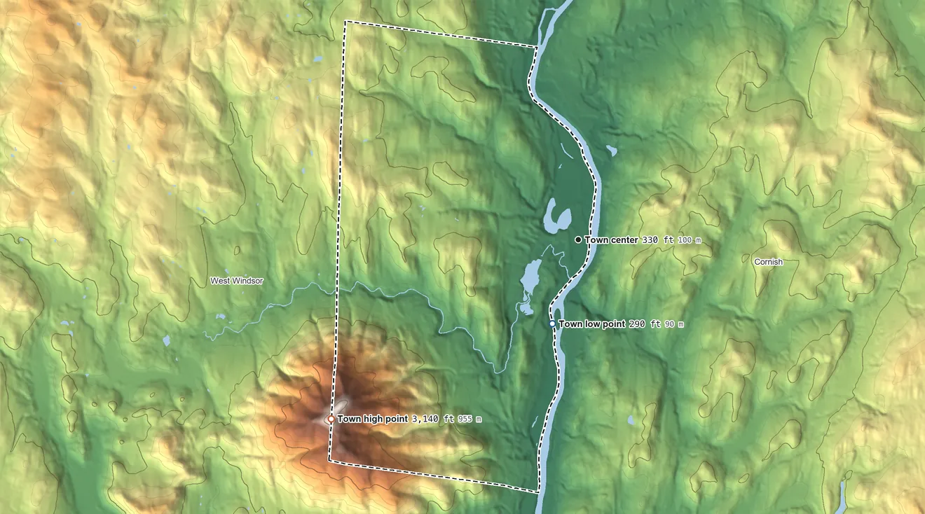 Topographic elevation map of Windsor, Vermont, shaded from 290 ft on the south side to 3,140 ft on Mount Ascutney
