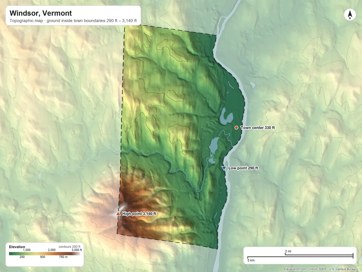 Topographic elevation map of Windsor, Vermont, shaded from 290 ft on the south side to 3,140 ft on Mount Ascutney