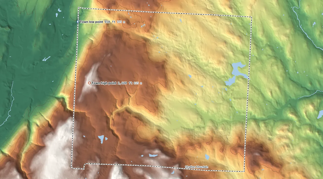 Topographic elevation map of Winhall, Vermont, shaded from 910 ft on the northwest side to 2,680 ft on the west side