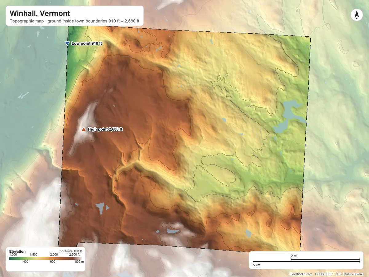 Topographic elevation map of Winhall, Vermont, shaded from 910 ft on the northwest side to 2,680 ft on the west side