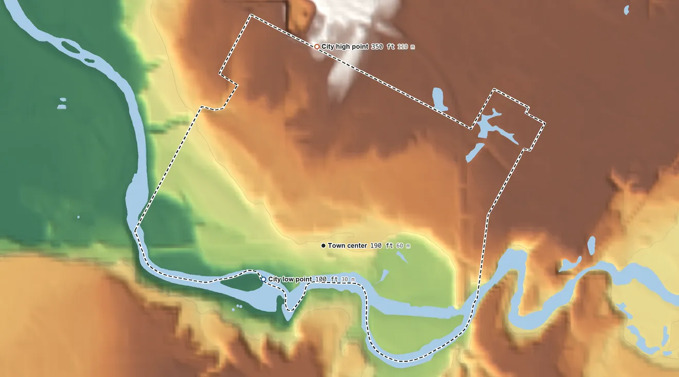 Topographic elevation map of Winooski, Vermont, shaded from 100 ft on the southwest side to 350 ft on the north side