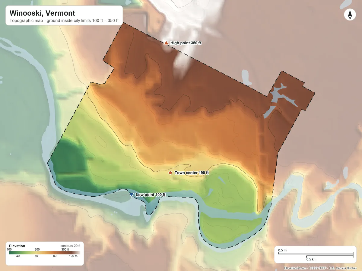 Topographic elevation map of Winooski, Vermont, shaded from 100 ft on the southwest side to 350 ft on the north side