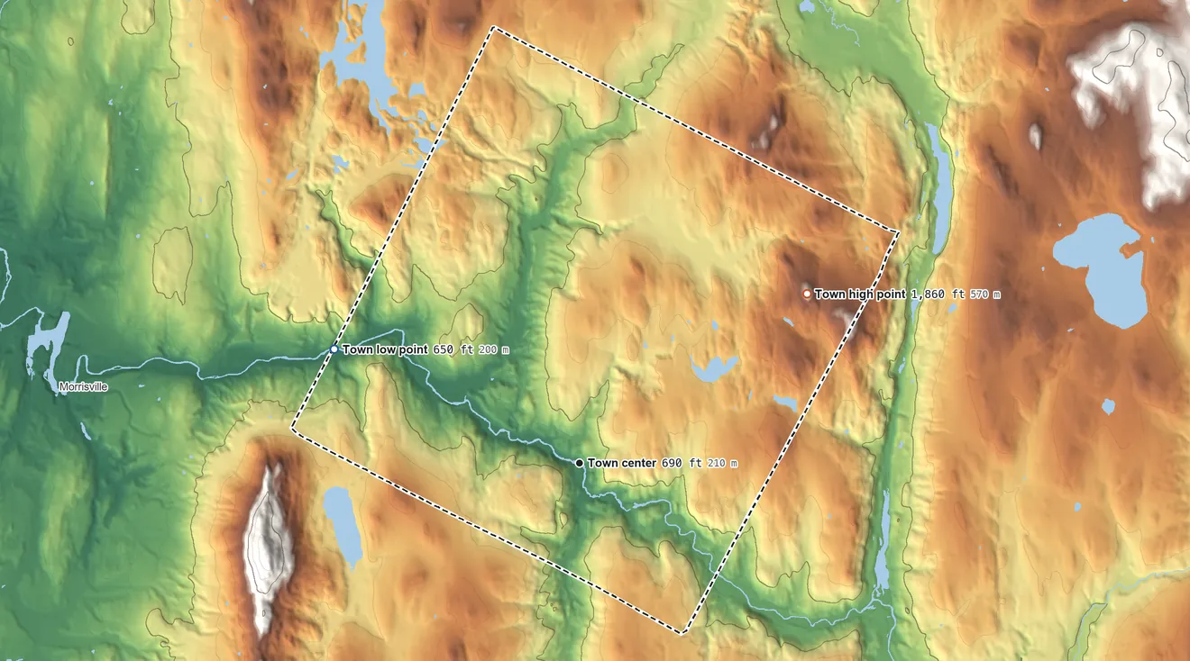 Topographic elevation map of Wolcott, Vermont, shaded from 650 ft on the northwest side to 1,860 ft on the northeast side