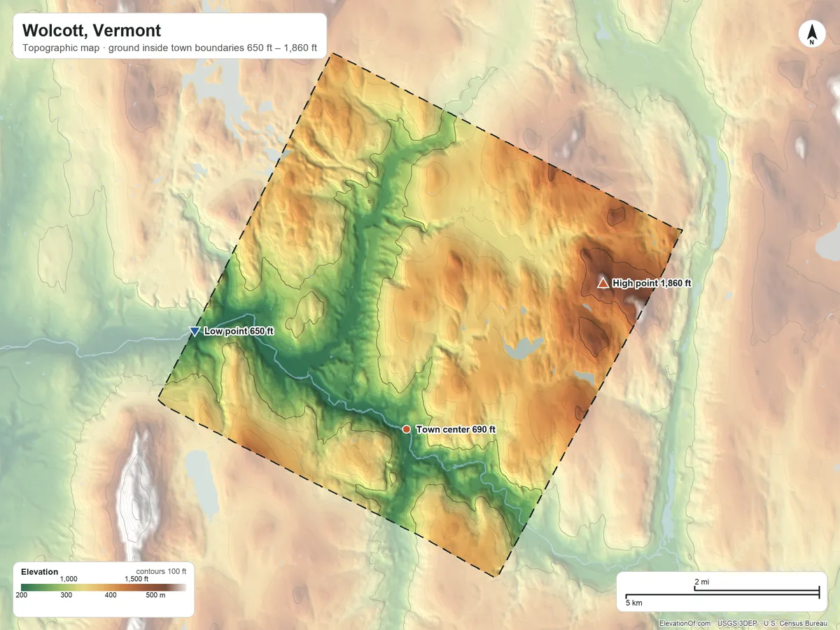 Topographic elevation map of Wolcott, Vermont, shaded from 650 ft on the northwest side to 1,860 ft on the northeast side