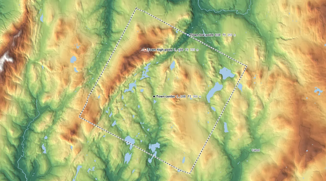 Topographic elevation map of Woodbury, Vermont, shaded from 830 ft on the northeast side to 2,480 ft on Woodbury Mountain