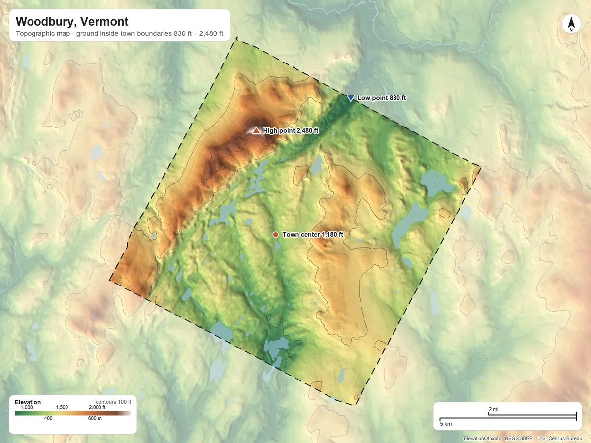 Topographic elevation map of Woodbury, Vermont, shaded from 830 ft on the northeast side to 2,480 ft on Woodbury Mountain