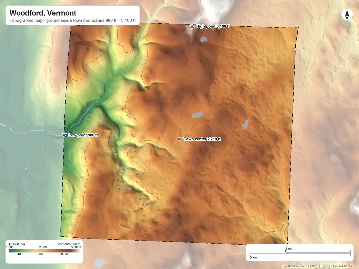 Topographic elevation map of Woodford, Vermont, shaded from 980 ft on the west side to 3,100 ft on the north side