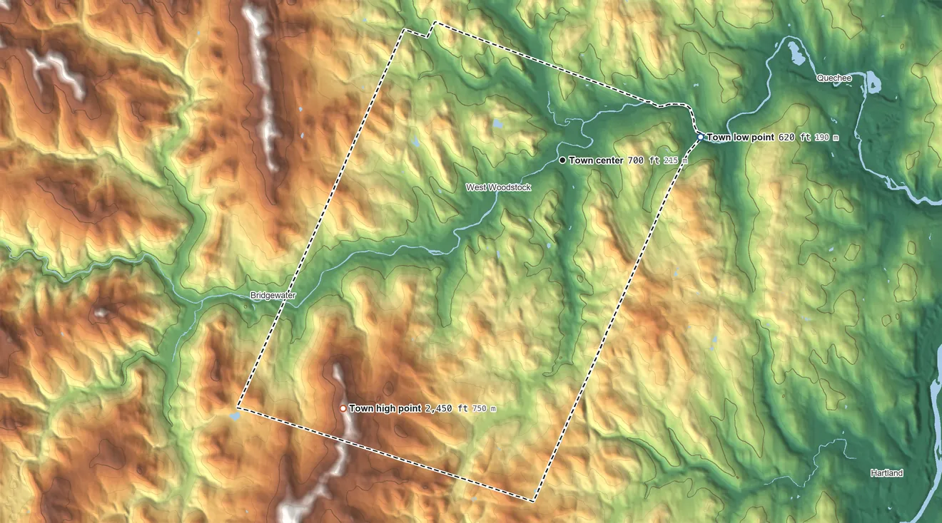 Topographic elevation map of Woodstock, Vermont, shaded from 620 ft on the east side to 2,450 ft on the southwest side