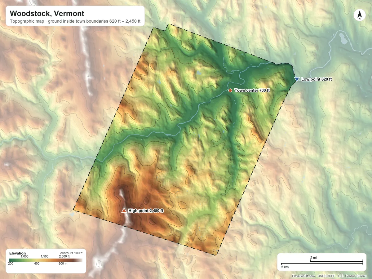 Topographic elevation map of Woodstock, Vermont, shaded from 620 ft on the east side to 2,450 ft on the southwest side