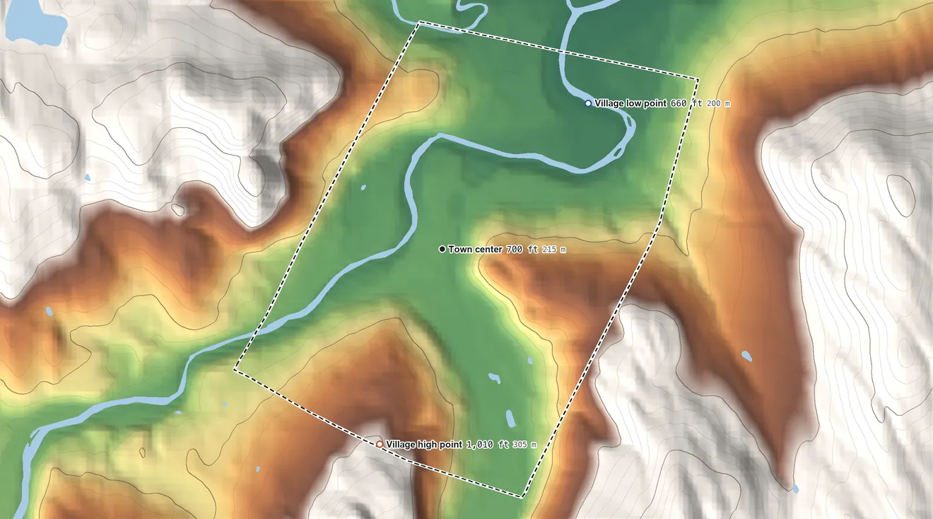 Topographic elevation map of Village of Woodstock, Vermont, shaded from 660 ft on the northeast side to 1,010 ft at the foot of the Coolidge Range