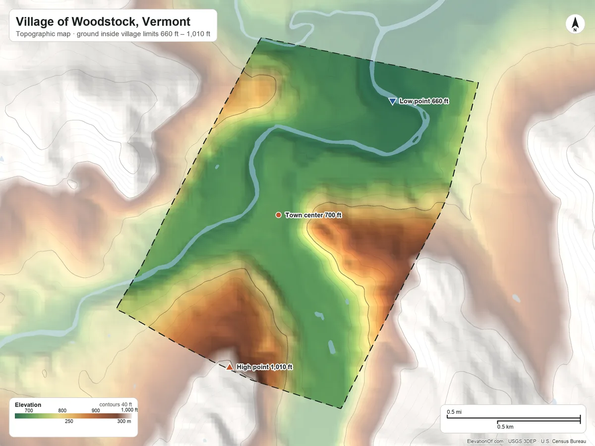 Topographic elevation map of Village of Woodstock, Vermont, shaded from 660 ft on the northeast side to 1,010 ft at the foot of the Coolidge Range