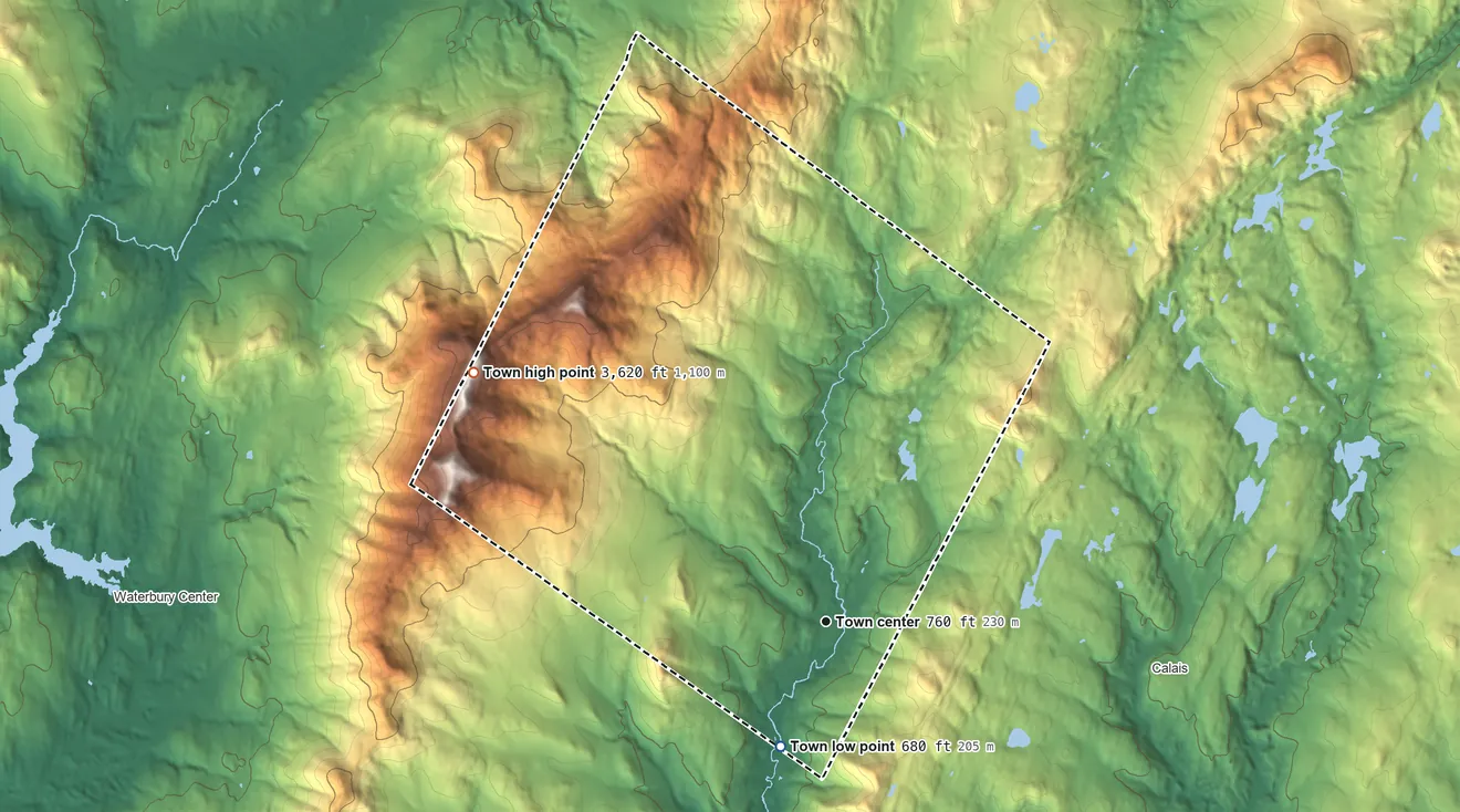 Topographic elevation map of Worcester, Vermont, shaded from 680 ft on the south side to 3,620 ft on the northwest side