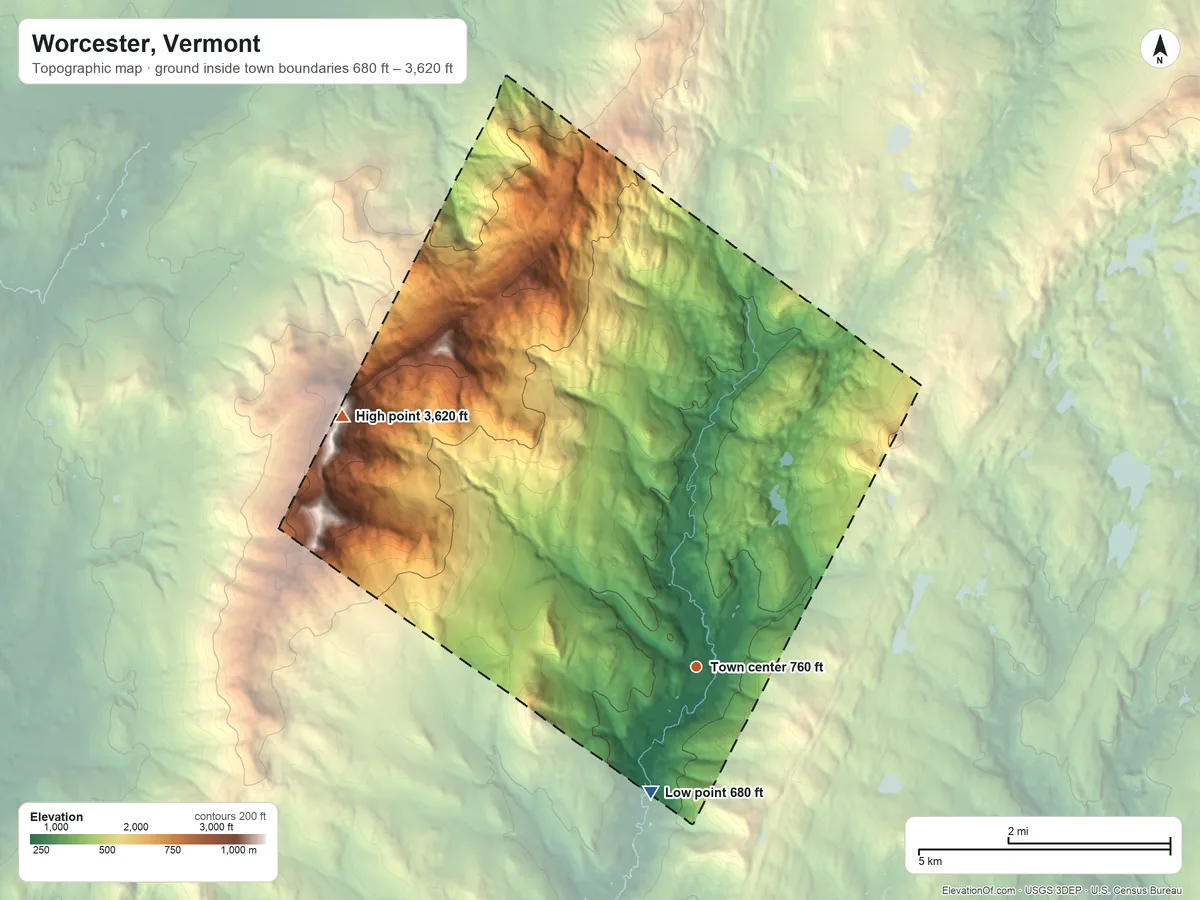 Topographic elevation map of Worcester, Vermont, shaded from 680 ft on the south side to 3,620 ft on the northwest side