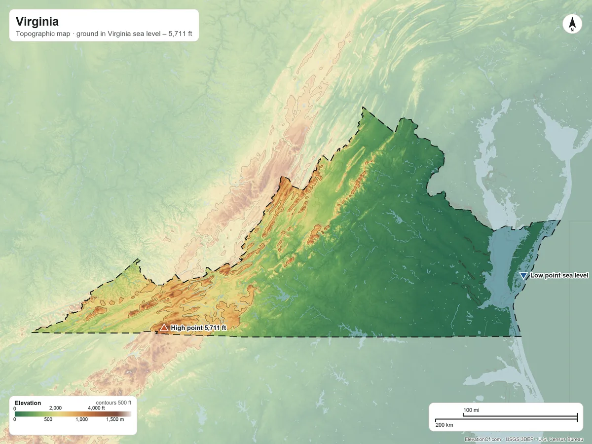 Topographic elevation map of Virginia, shaded from sea level on Cobb Bay to 5,711 ft on Mount Rogers