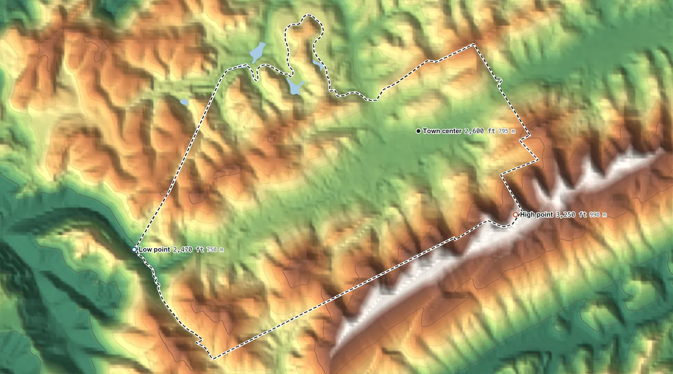Topographic elevation map of Abbs Valley, Virginia, shaded from 2,470 ft on the southwest side to 3,250 ft on the southeast side