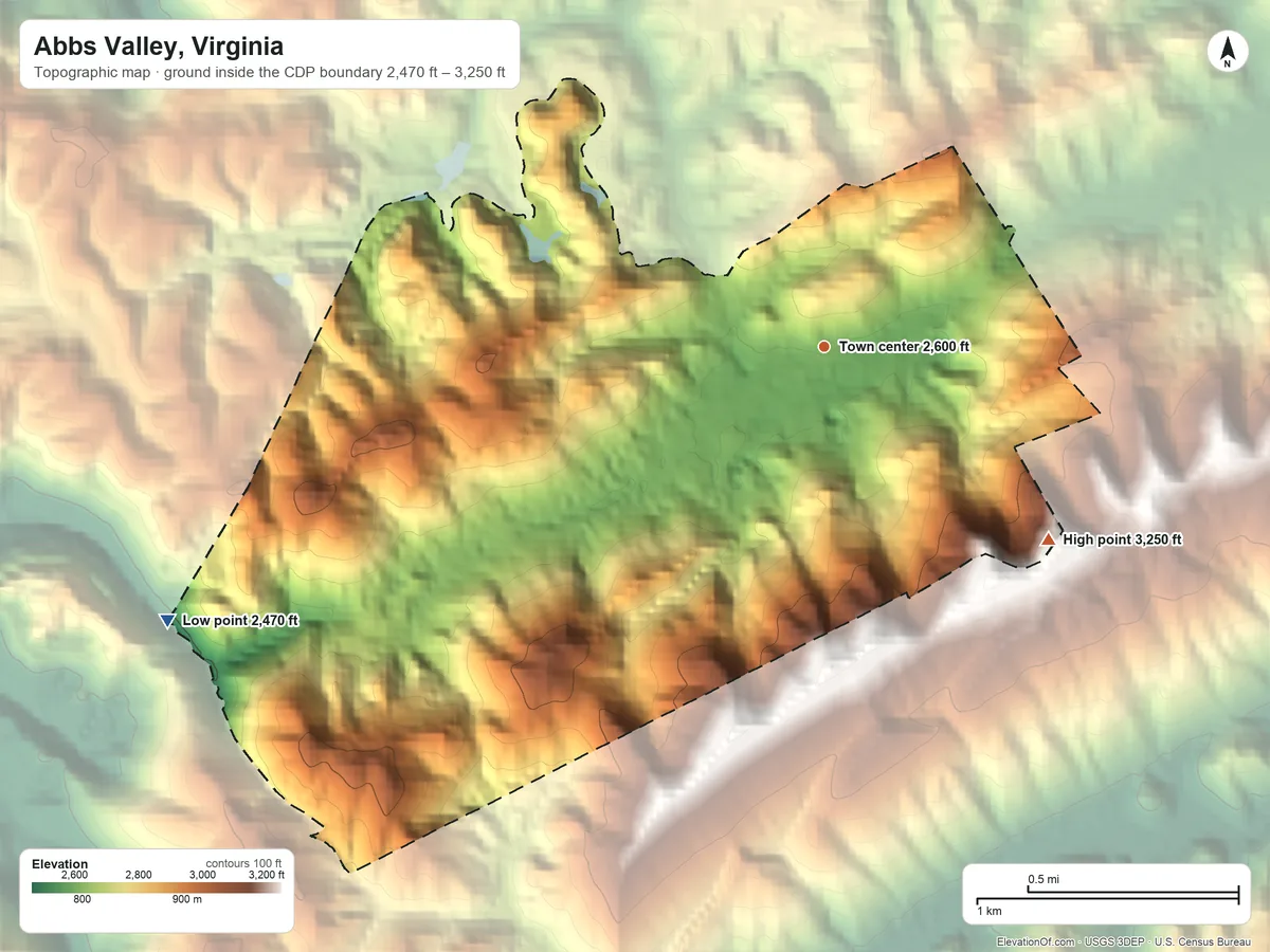 Topographic elevation map of Abbs Valley, Virginia, shaded from 2,470 ft on the southwest side to 3,250 ft on the southeast side