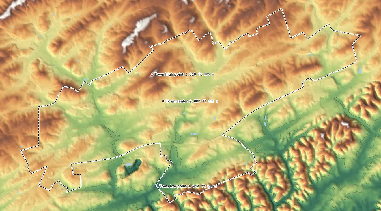 Topographic elevation map of Abingdon, Virginia, shaded from 1,940 ft on the south side to 2,310 ft near the middle