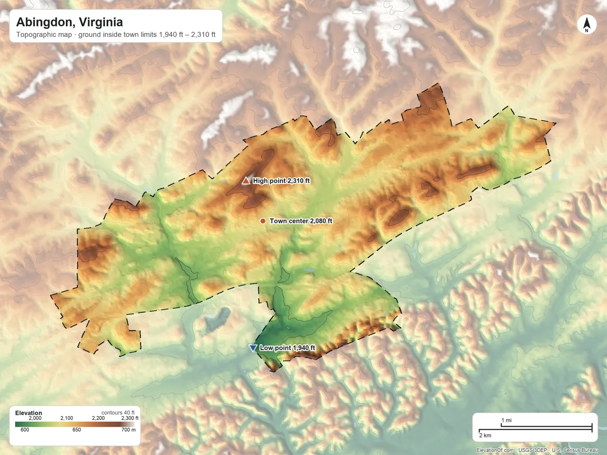 Topographic elevation map of Abingdon, Virginia, shaded from 1,940 ft on the south side to 2,310 ft near the middle
