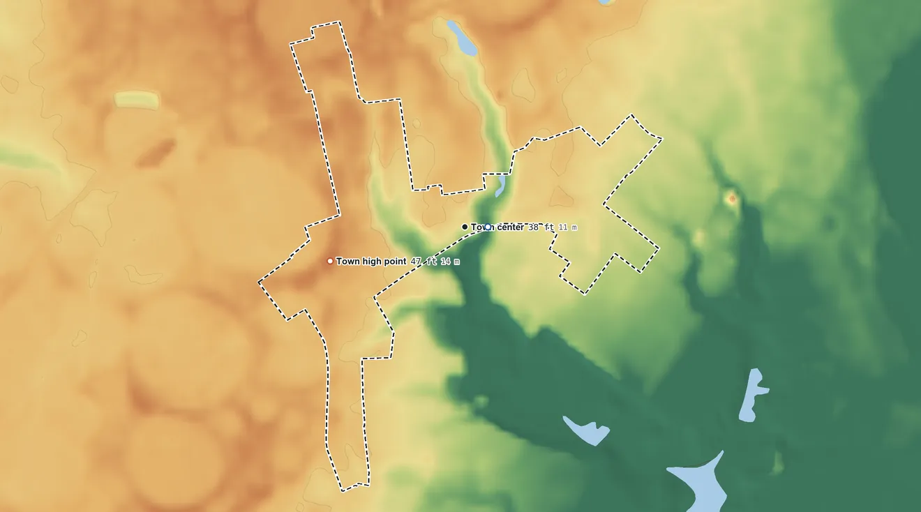 Topographic elevation map of Accomac, Virginia, shaded from 25 ft near the middle to 47 ft on the west side