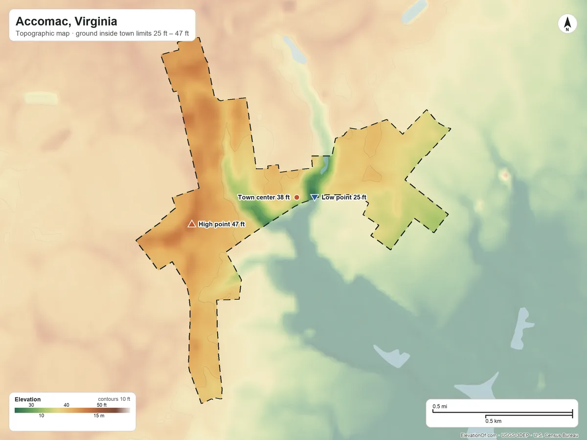 Topographic elevation map of Accomac, Virginia, shaded from 25 ft near the middle to 47 ft on the west side