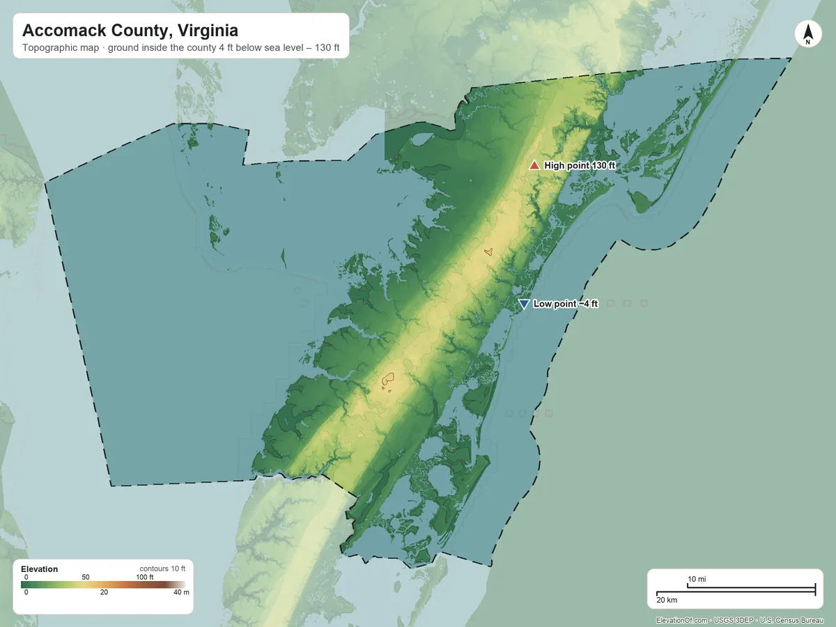 Topographic elevation map of Accomack County, Virginia, shaded from 4 ft below sea level on the east side to 130 ft on the northeast side