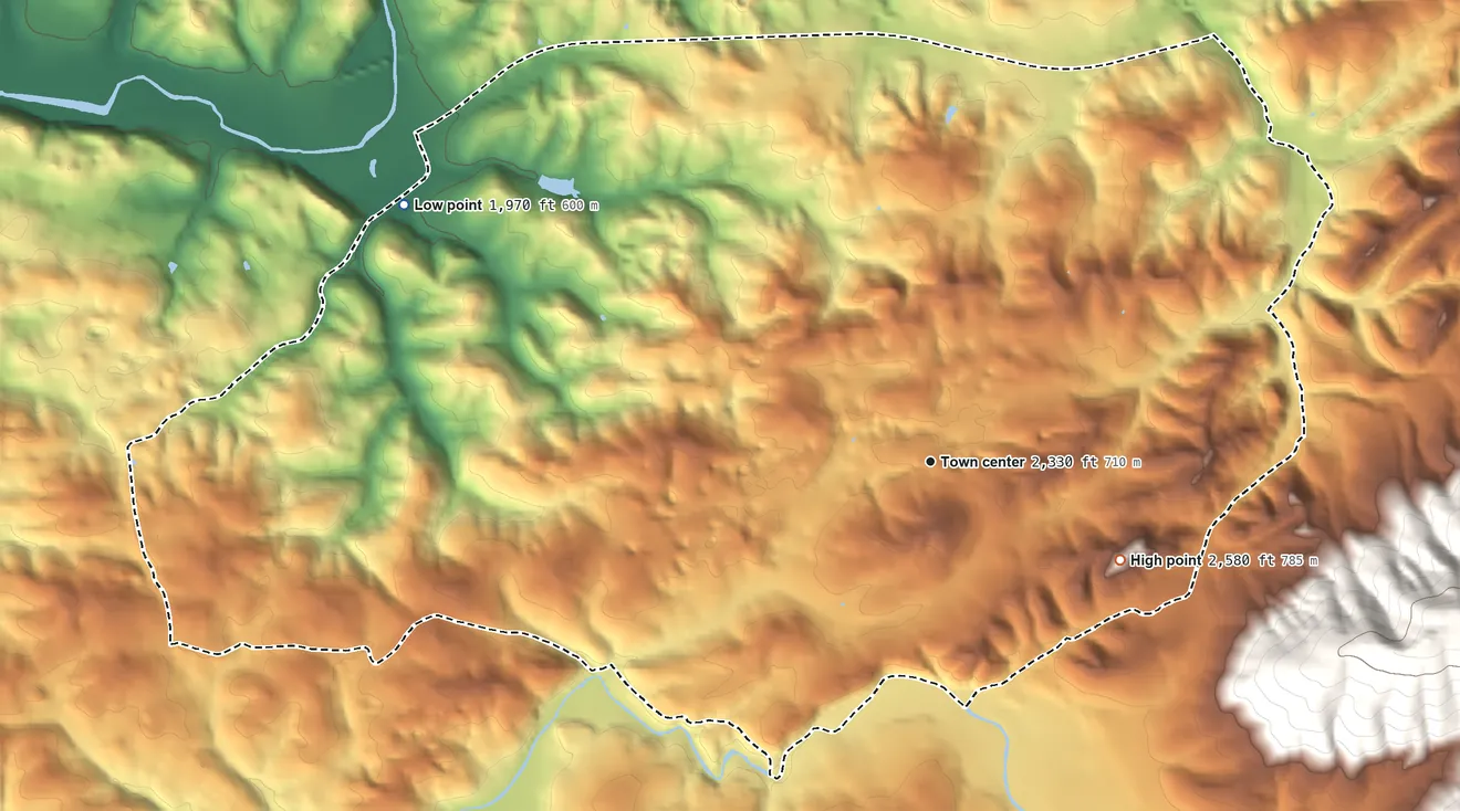 Topographic elevation map of Adwolf, Virginia, shaded from 1,970 ft on the northwest side to 2,580 ft at the foot of the River Knobs