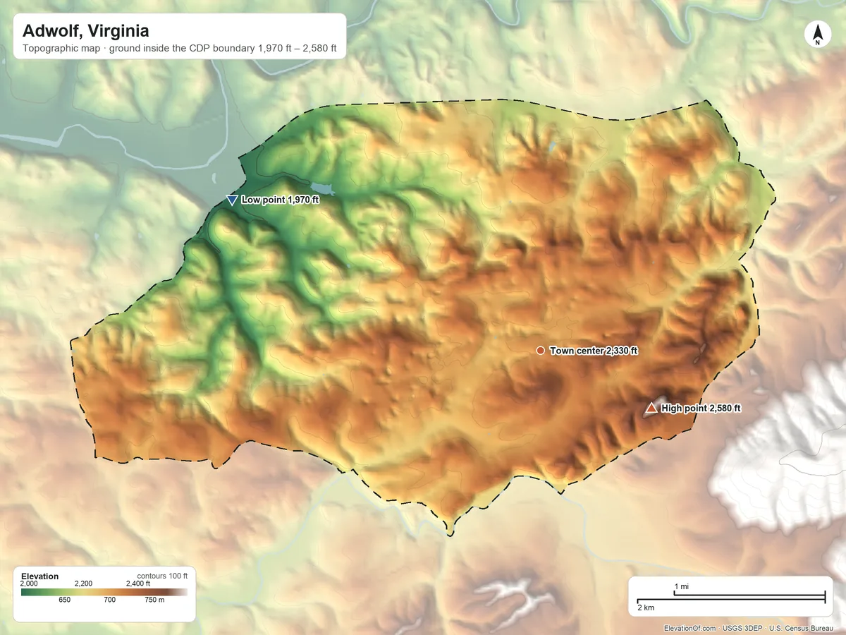 Topographic elevation map of Adwolf, Virginia, shaded from 1,970 ft on the northwest side to 2,580 ft at the foot of the River Knobs