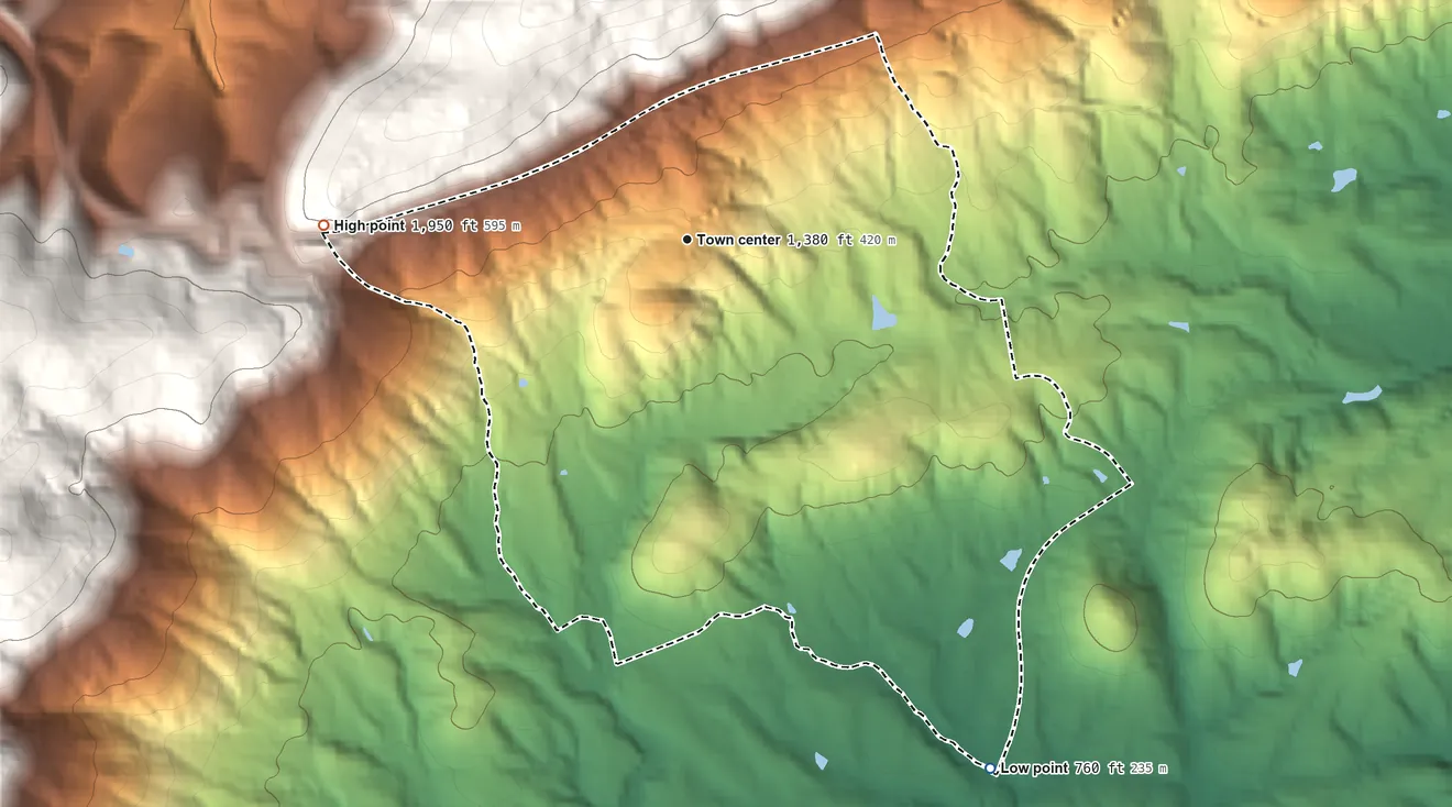 Topographic elevation map of Afton, Virginia, shaded from 760 ft on the southeast side to 1,950 ft at the foot of the Ragged Mountains