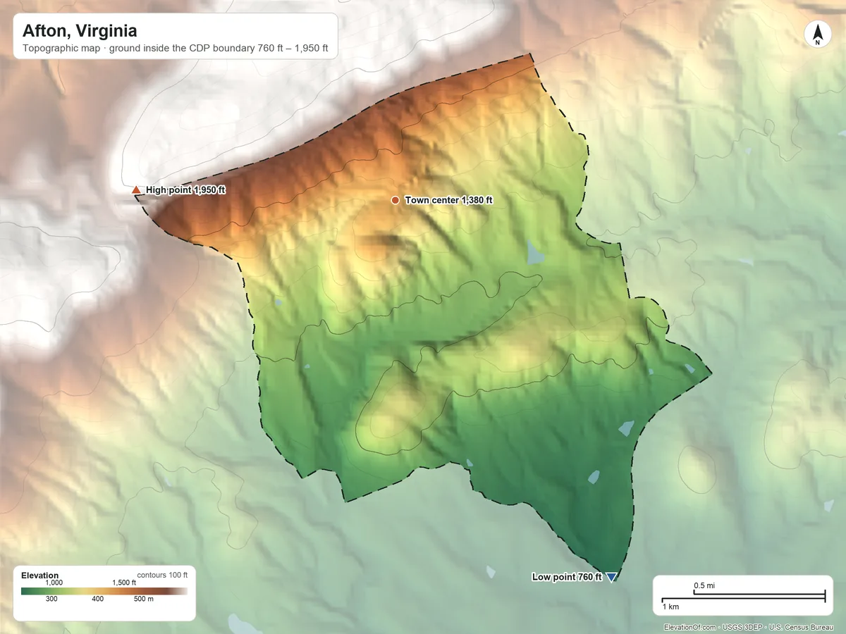 Topographic elevation map of Afton, Virginia, shaded from 760 ft on the southeast side to 1,950 ft at the foot of the Ragged Mountains