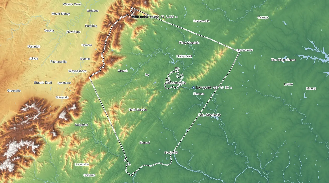 Topographic elevation map of Albemarle County, Virginia, shaded from 160 ft on the east side to 3,390 ft on Big Flat Mountain
