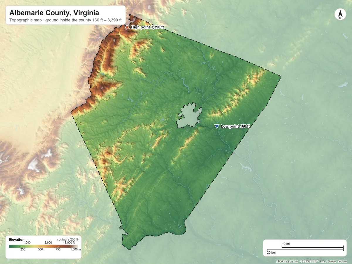 Topographic elevation map of Albemarle County, Virginia, shaded from 160 ft on the east side to 3,390 ft on Big Flat Mountain